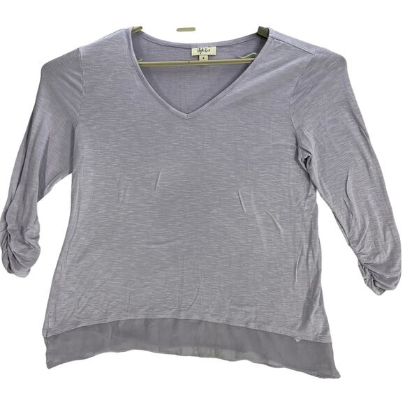 Style co Womens Top Size M Purple Rayon Stretch Lightweight V-Neck Sheer Trim - Picture 1 of 6